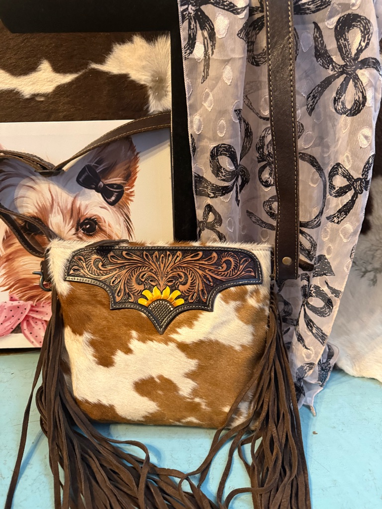 Myra Bag Brown & White Cowhide Crossbody With Tooled Sunflower Detail